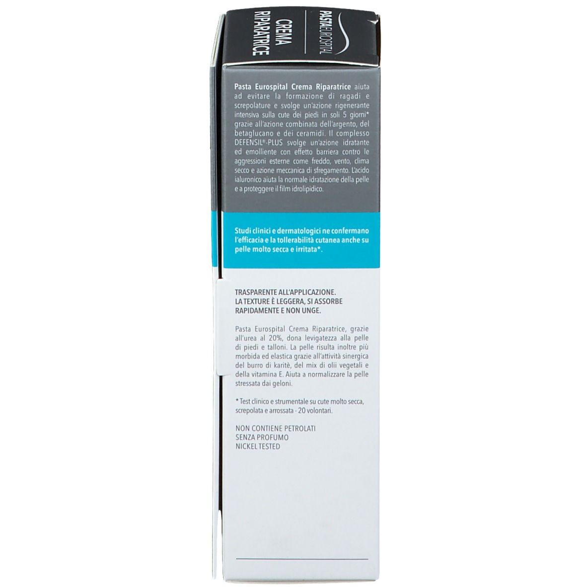 Côté de l'emballage de la crème Pasta Eurospital, Crème réparatrice. Texte sur la crème, ingrédients et utilisation.
