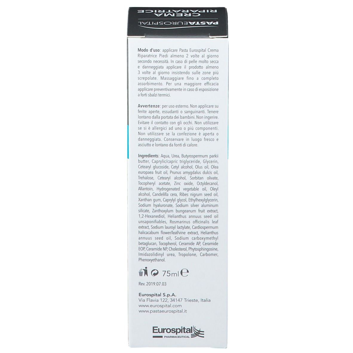 Côté de l'emballage de la crème Pasta Eurospital. Liste des ingrédients, volume 75ml. Logo Eurospital.