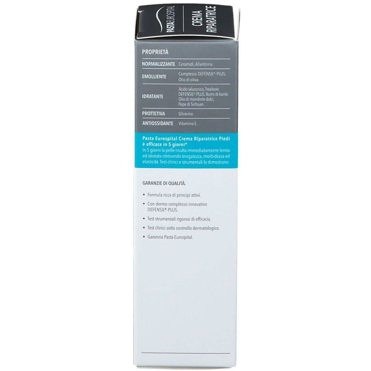 Côté de l'emballage de la crème Pasta Eurospital. Propriétés, garantie de qualité. Logo Eurospital.