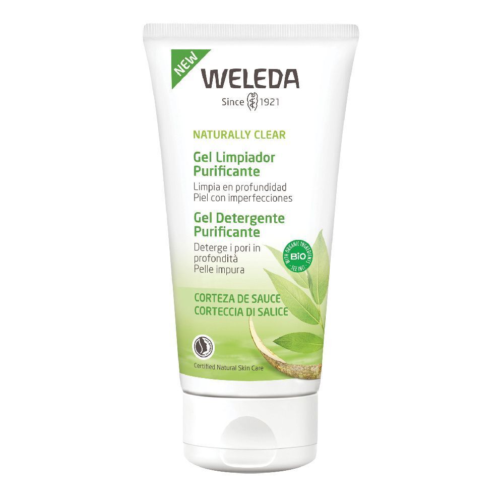 Weleda Naturally Clear Waschgel. Weiße Tube mit grüner Schrift. Enthält Bio-Siegel und Produktnamen in mehreren Sprachen.