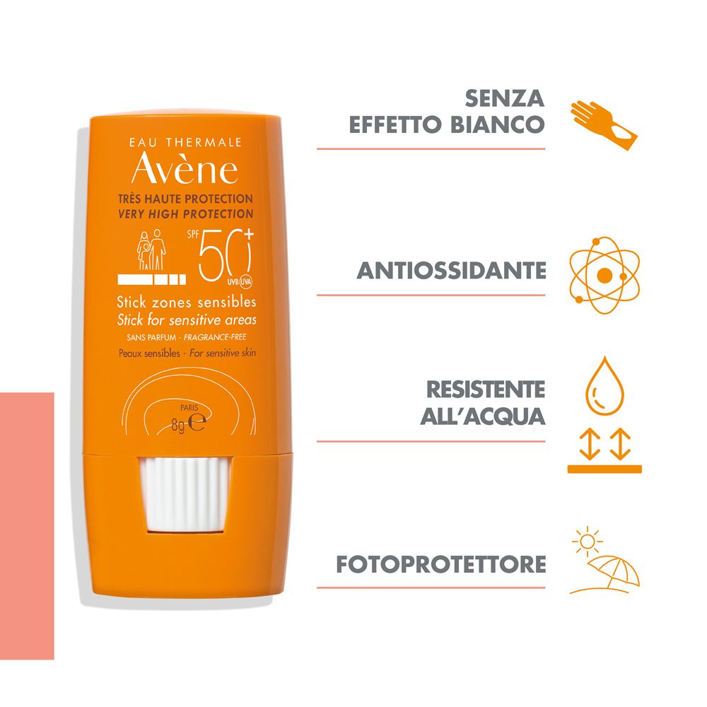Stick orange avec texte: Eau Thermale Avène, SPF 50+, Stick zones sensibles. Icônes: Antioxydant, résistant à l'eau.