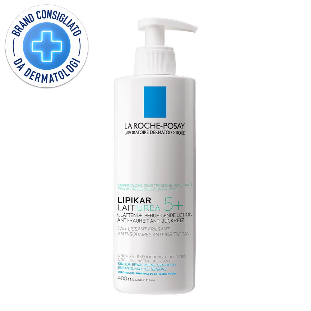 Weiße Flasche mit Pumpe. Aufschrift: La Roche-Posay, Lipikar Lait Urea 5+. Logo: Brand Consigliato da Dermatologi.