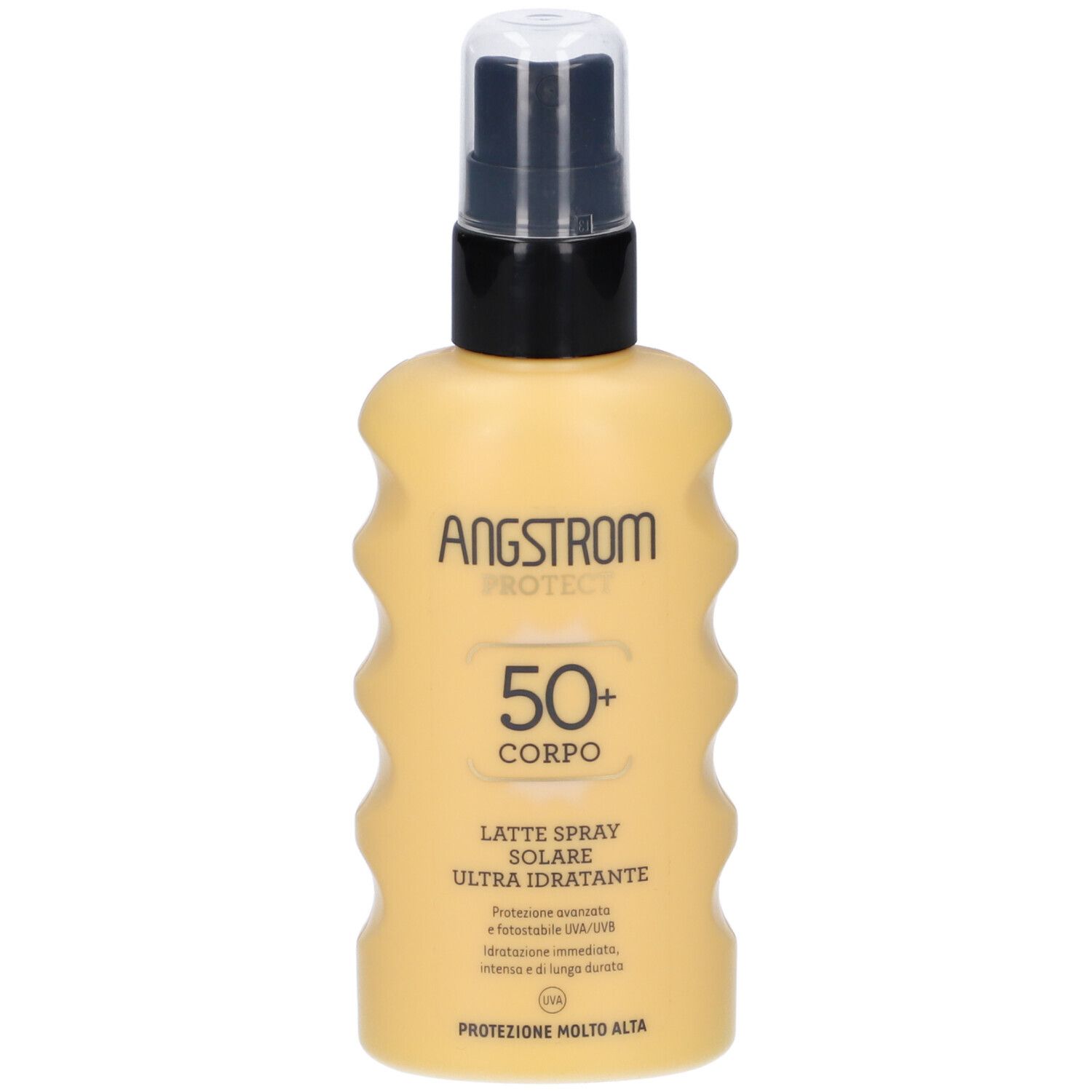 Beige Flasche mit schwarzem Sprühkopf. Aufschrift: ANGSTROM PROTECT 50+ CORPO. Text: LATTE SPRAY SOLARE ULTRA IDRATANTE.