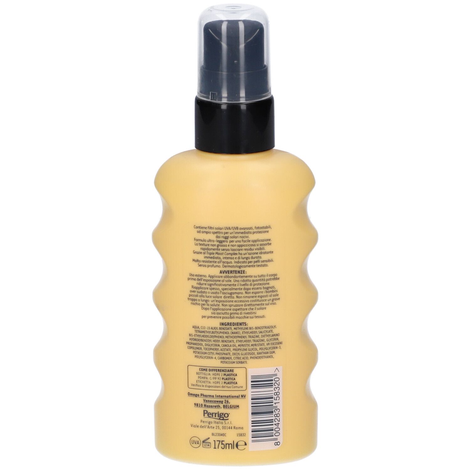 Rückseite der beigen Flasche mit schwarzem Sprühkopf. Text und Informationen auf Italienisch. Unten: 175ml.