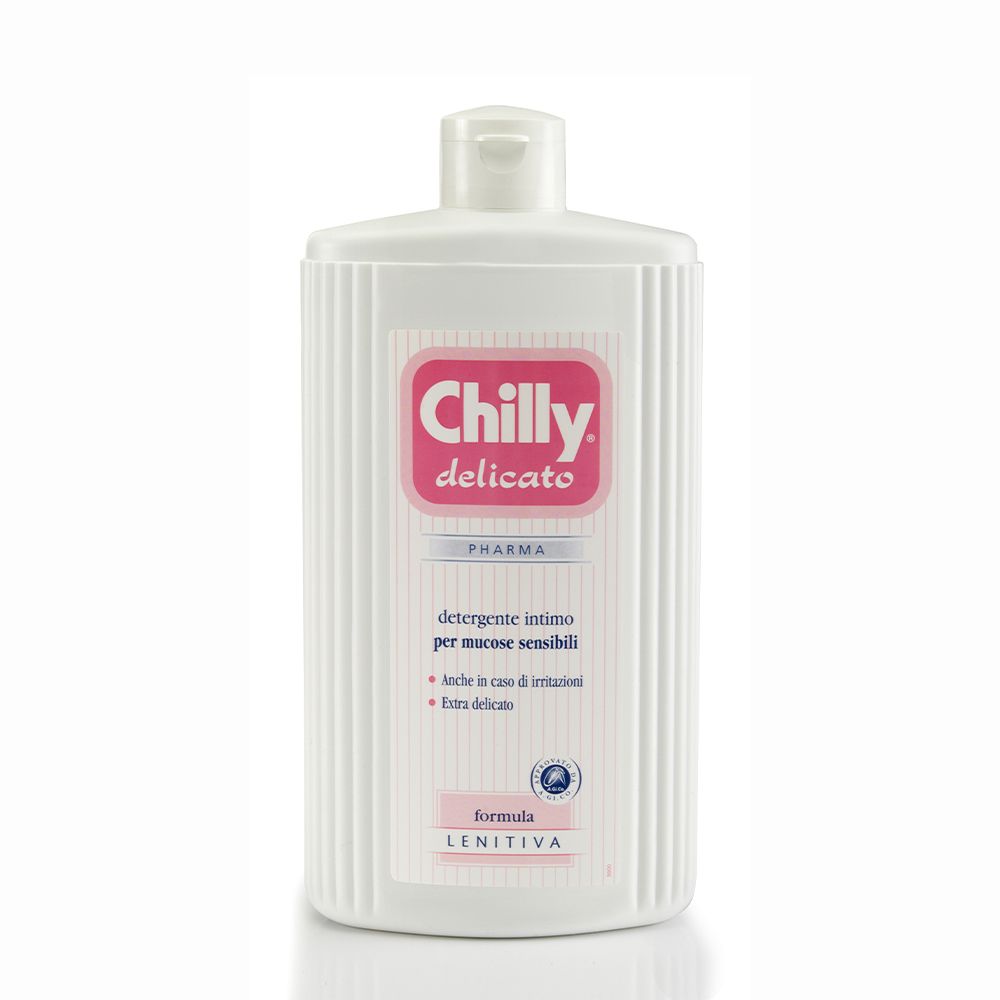 Weiße Flasche mit rosa Etikett. Aufschrift: Chilly delicato. Text: detergente intimo per mucose sensibili. Mit Zertifizierungslogo.