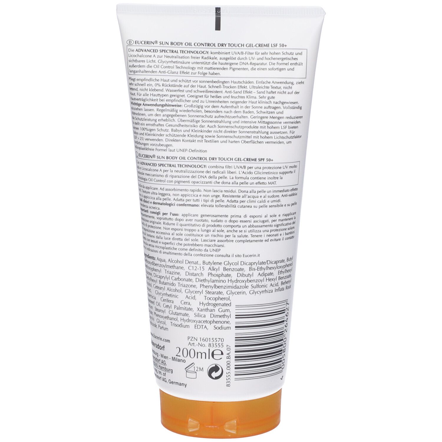 Dos de la Eucerin Protection Solaire Gel-Crème Oil Control SPF 50+. Contient la liste des ingrédients et les instructions d'utilisation. 200ml.