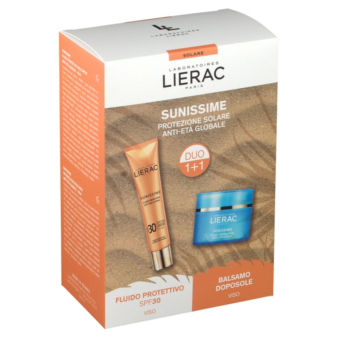Coffret LIERAC SUNISSIME DUO 1+1 visage. Contient un tube de crème solaire et un pot de crème. Inscription visible.