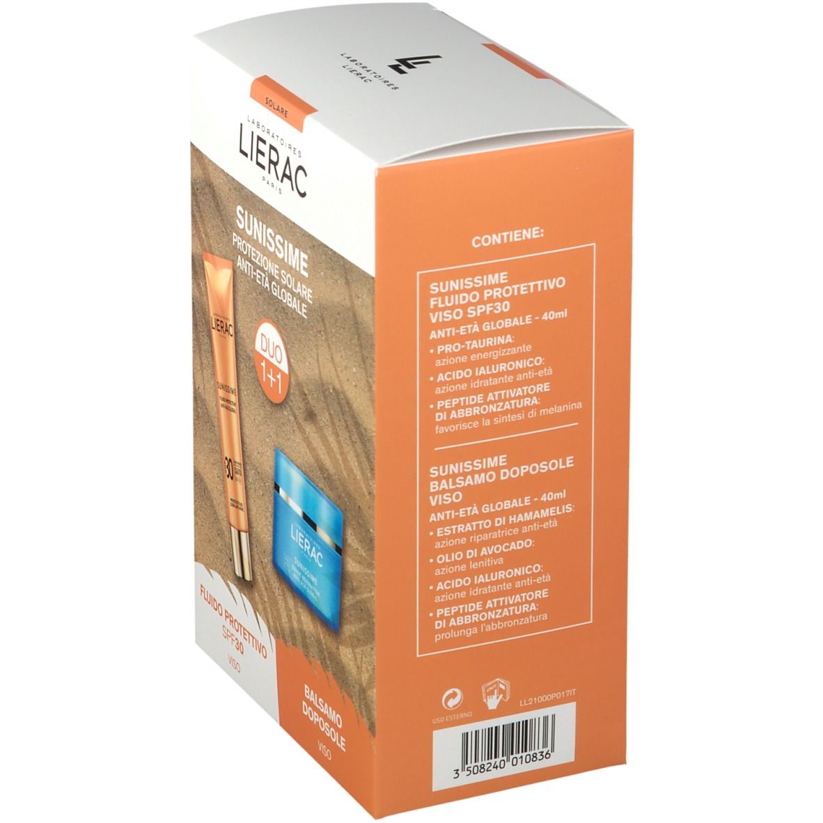 Vue latérale du coffret LIERAC SUNISSIME DUO 1+1 visage. Informations produit et ingrédients en italien.