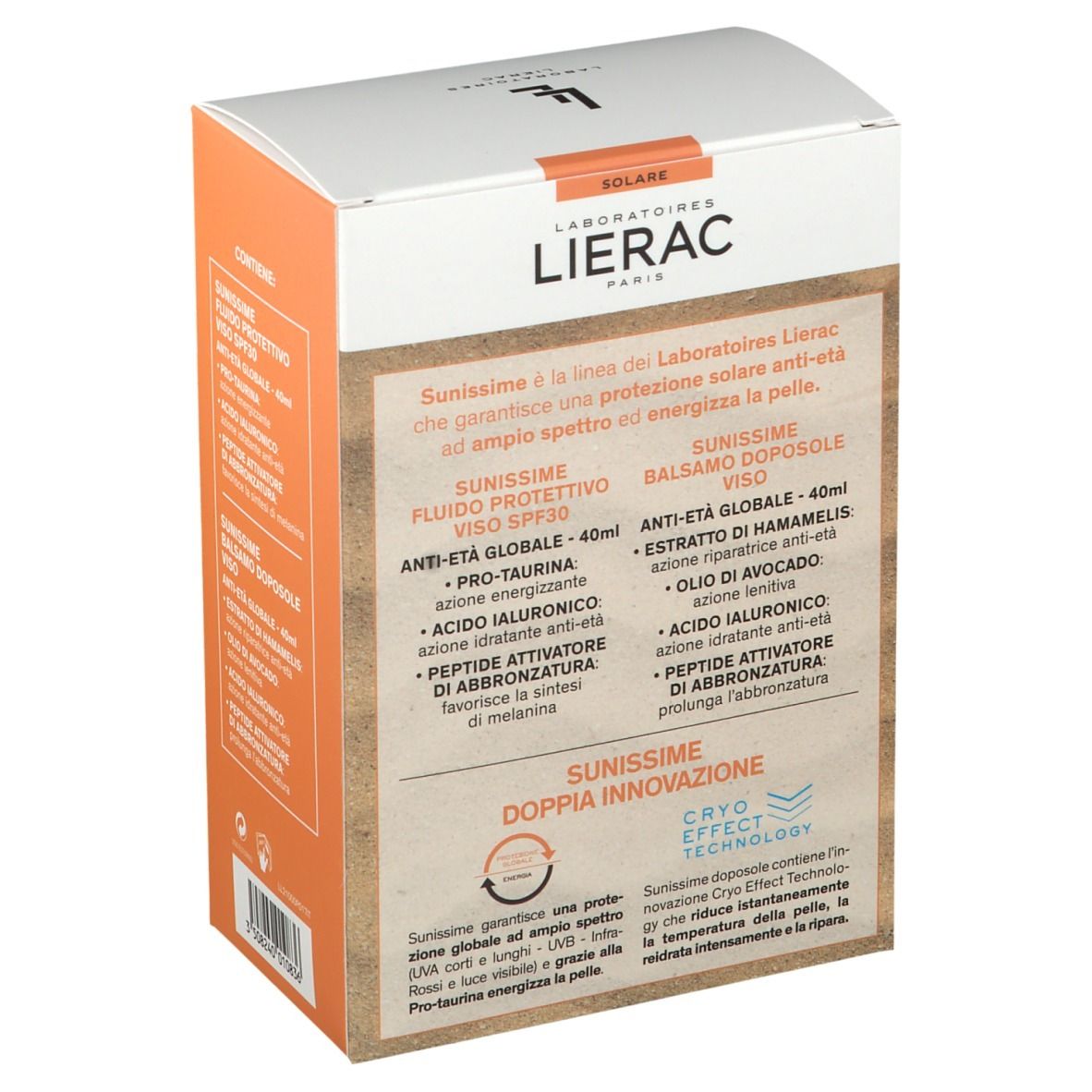 Dos du coffret LIERAC SUNISSIME DUO 1+1 visage. Textes d'informations et ingrédients.