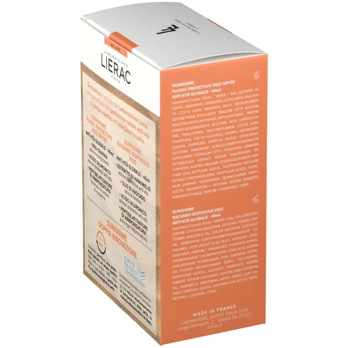 Vue latérale du coffret LIERAC SUNISSIME DUO 1+1 visage. Textes d'informations et ingrédients.