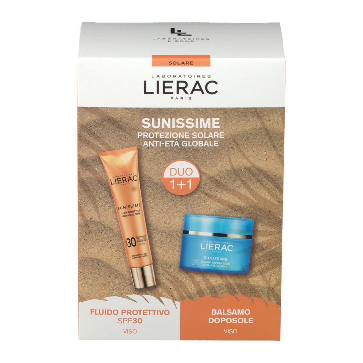 Coffret LIERAC SUNISSIME DUO 1+1 visage. Contient un tube de crème solaire et un pot de crème. Inscription visible.