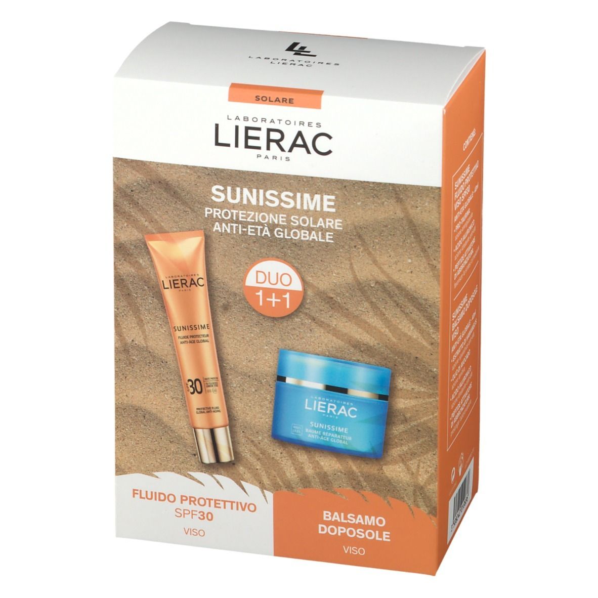Coffret LIERAC SUNISSIME DUO 1+1 visage. Contient un tube de crème solaire et un pot de crème. Inscription visible.