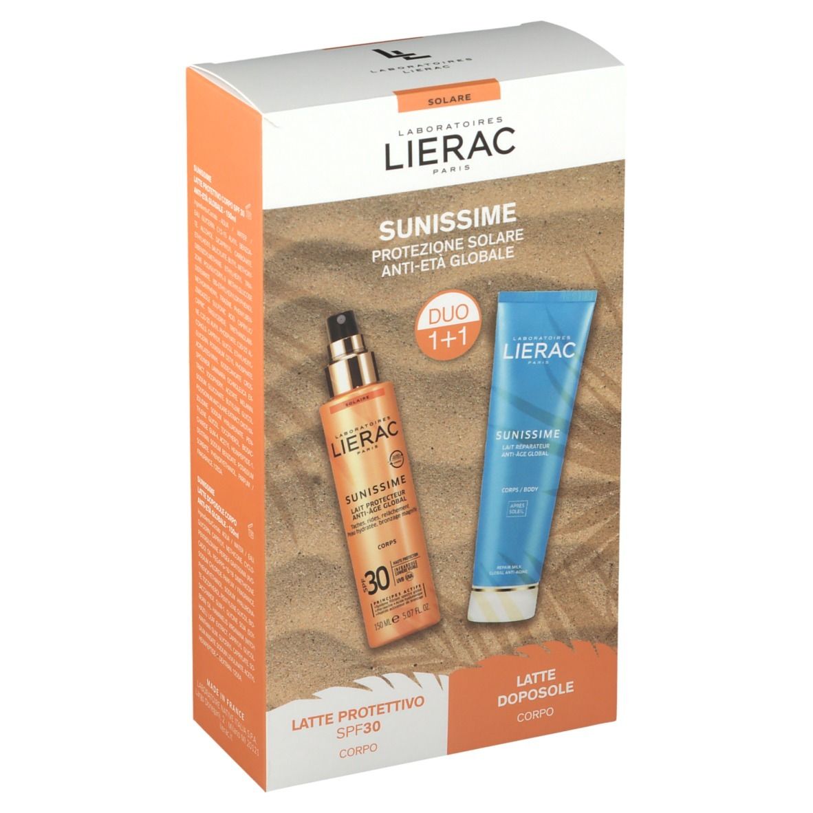 Verpackung mit zwei LIERAC SUNISSIME Produkten. Ein Spray und eine Tube. Text: SUNISSIME, DUO 1+1, Latte Protettivo SPF30, Latte Doposole.