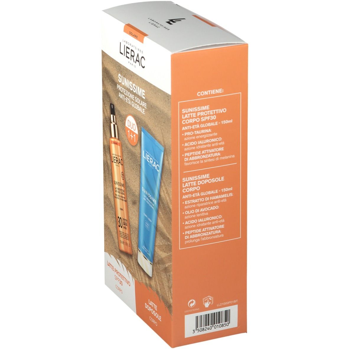 Verpackung LIERAC SUNISSIME. Auf der Seite: Inhaltsstoffe und Produktinformationen. Text: SUNISSIME, Latte Protettivo, Latte Doposole.