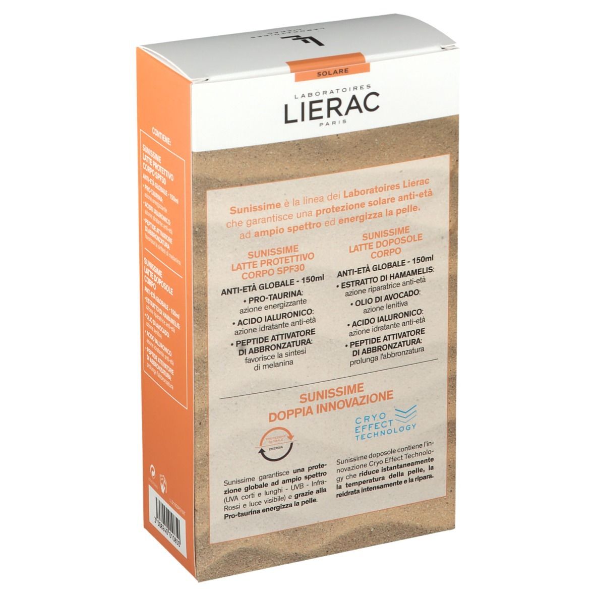 Rückseite der LIERAC SUNISSIME Verpackung. Text: SUNISSIME, Latte Protettivo, Latte Doposole, Inhaltsstoffe, Cryo Effect Technology.