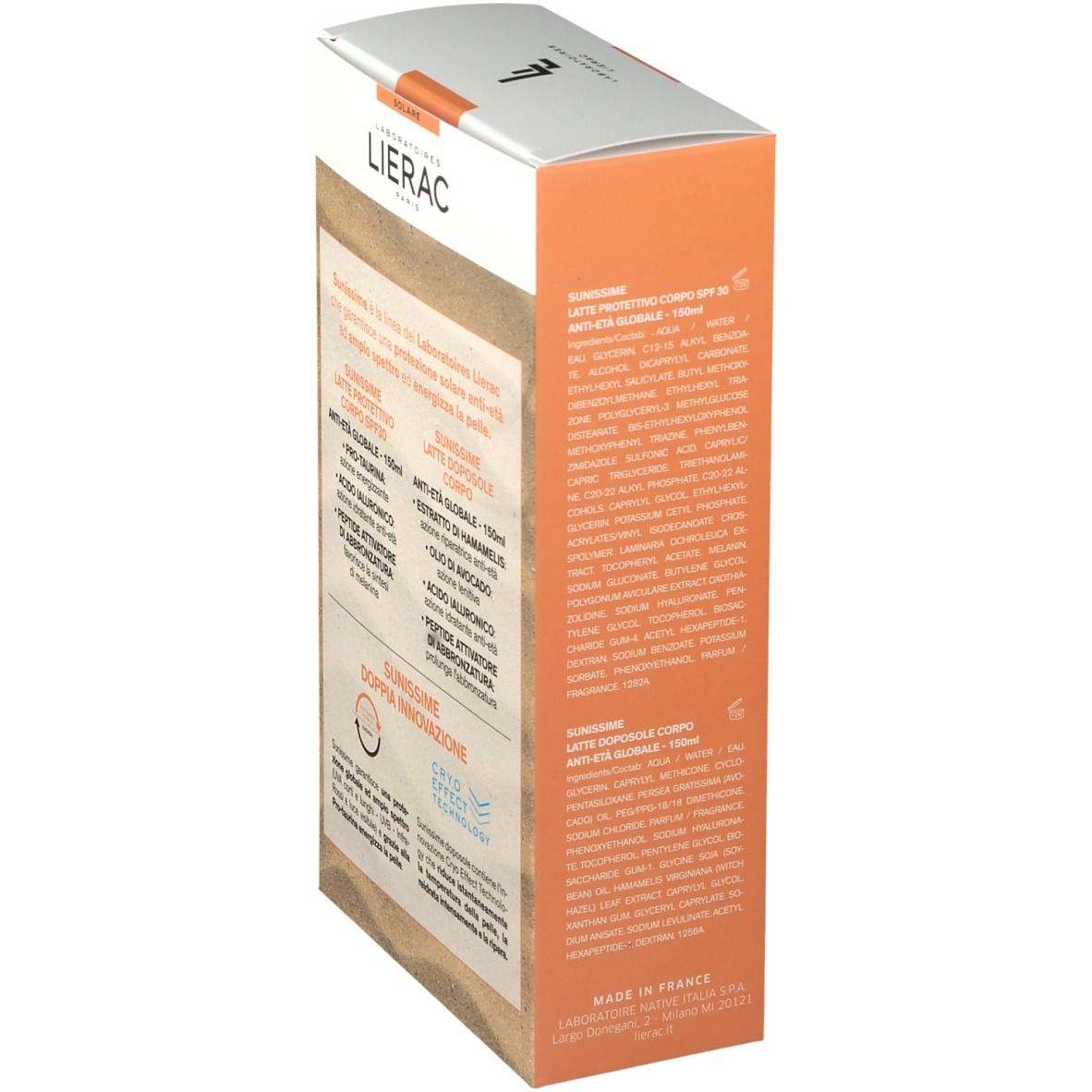 Seite der LIERAC SUNISSIME Verpackung. Text: SUNISSIME, Latte Protettivo, Latte Doposole, Inhaltsstoffe, Herstellerinformationen.