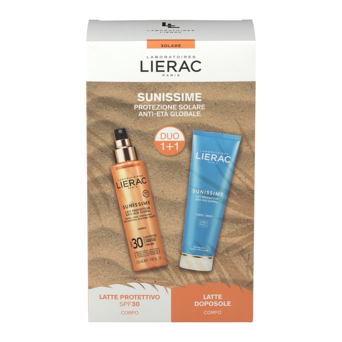 Verpackung LIERAC SUNISSIME mit Spray und Tube. Text: SUNISSIME, DUO 1+1, Latte Protettivo SPF30, Latte Doposole.