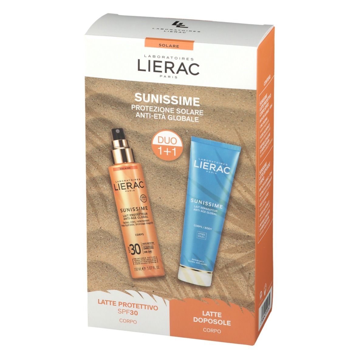 Verpackung LIERAC SUNISSIME mit Spray und Tube. Text: SUNISSIME, DUO 1+1, Latte Protettivo SPF30, Latte Doposole.