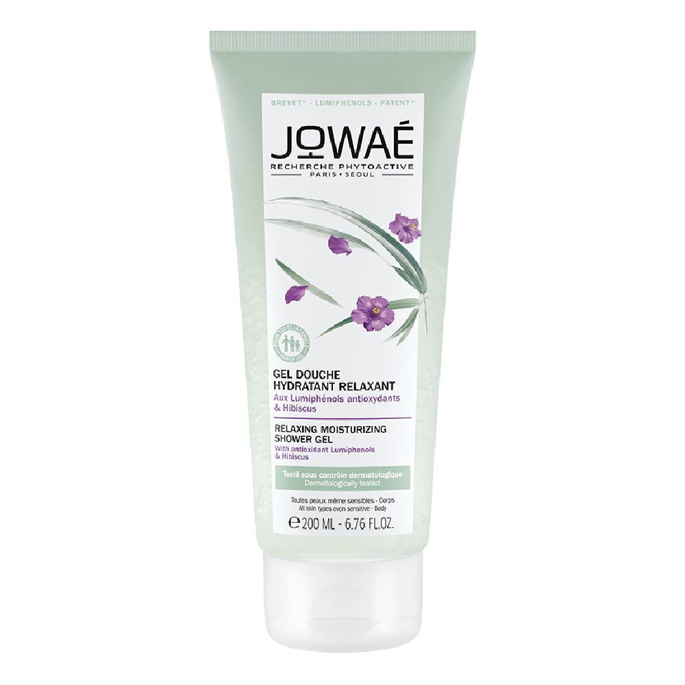 Tube vert avec bouchon blanc. Inscription: JOWAÉ, Gel Douche Hydratant Relaxant. 200 ml.