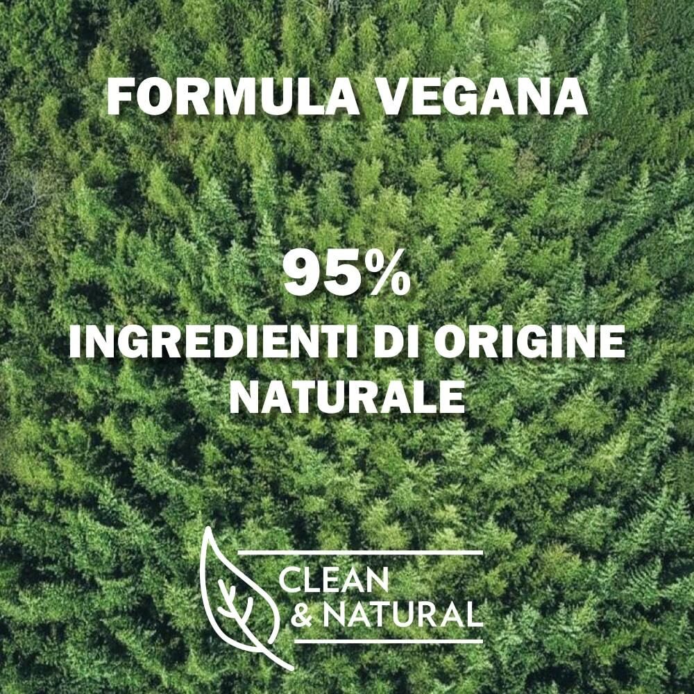 Texte sur fond vert: FORMULA VEGANA, 95% INGREDIENTI DI ORIGINE NATURALE, CLEAN & NATURAL.
