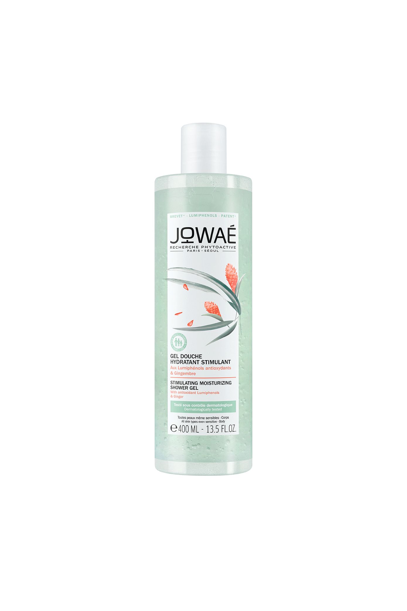 Gel douche JOWAÉ, flacon de 400 ml. Liquide verdâtre, bouchon blanc. Étiquette avec informations et logo.