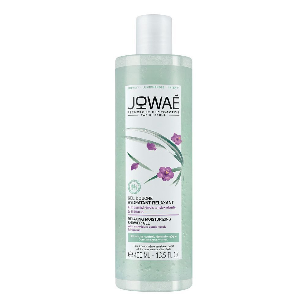 Gel douche JOWAÉ. Flacon de gel vert, bouchon blanc et étiquette. Texte: Gel Douche, Relaxing Moisturizing Shower Gel.