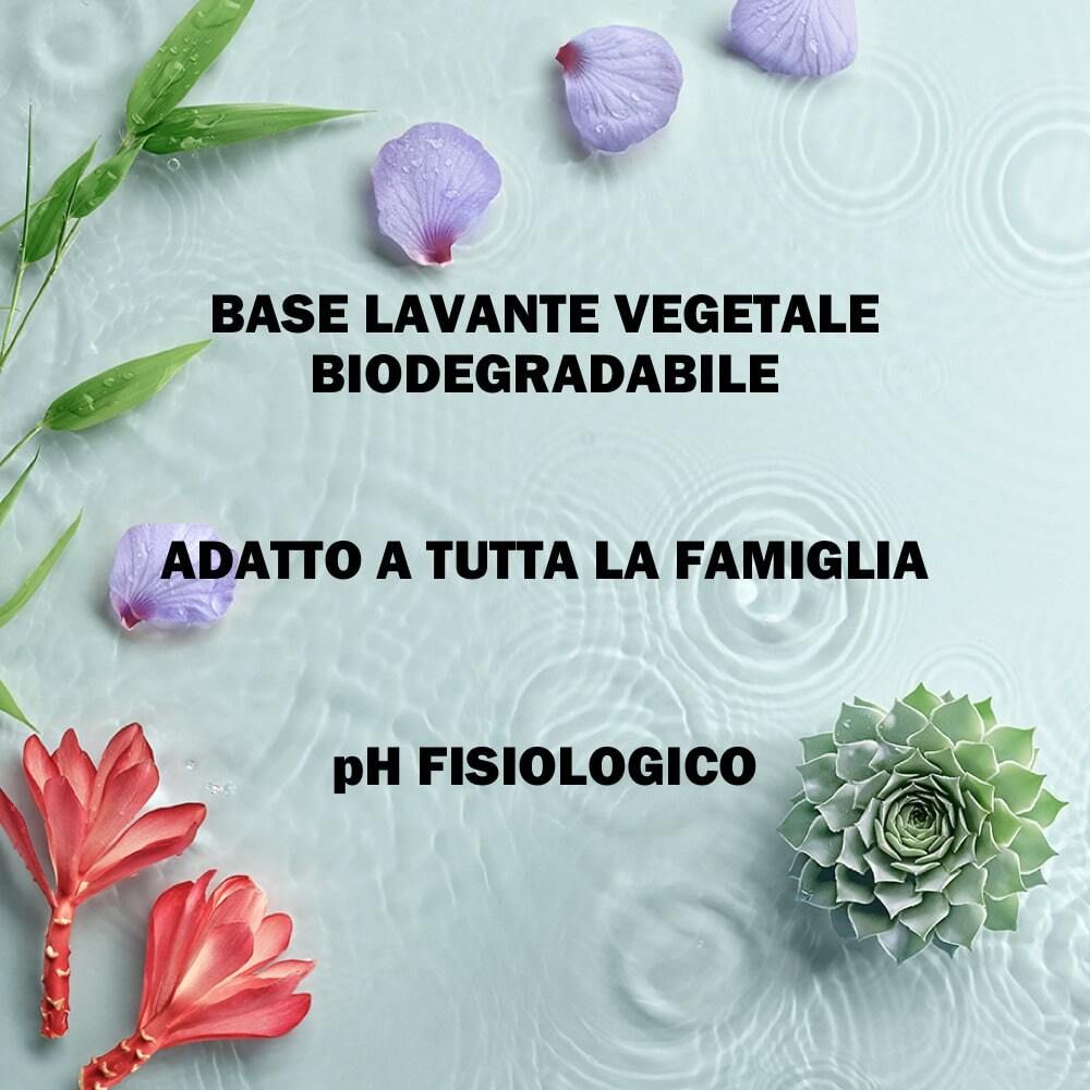 Texte sur fond bleu: BASE LAVANTE VEGETALE BIODEGRADABILE, ADATTO A TUTTA LA FAMIGLIA, pH FISIOLOGICO. Décoration.