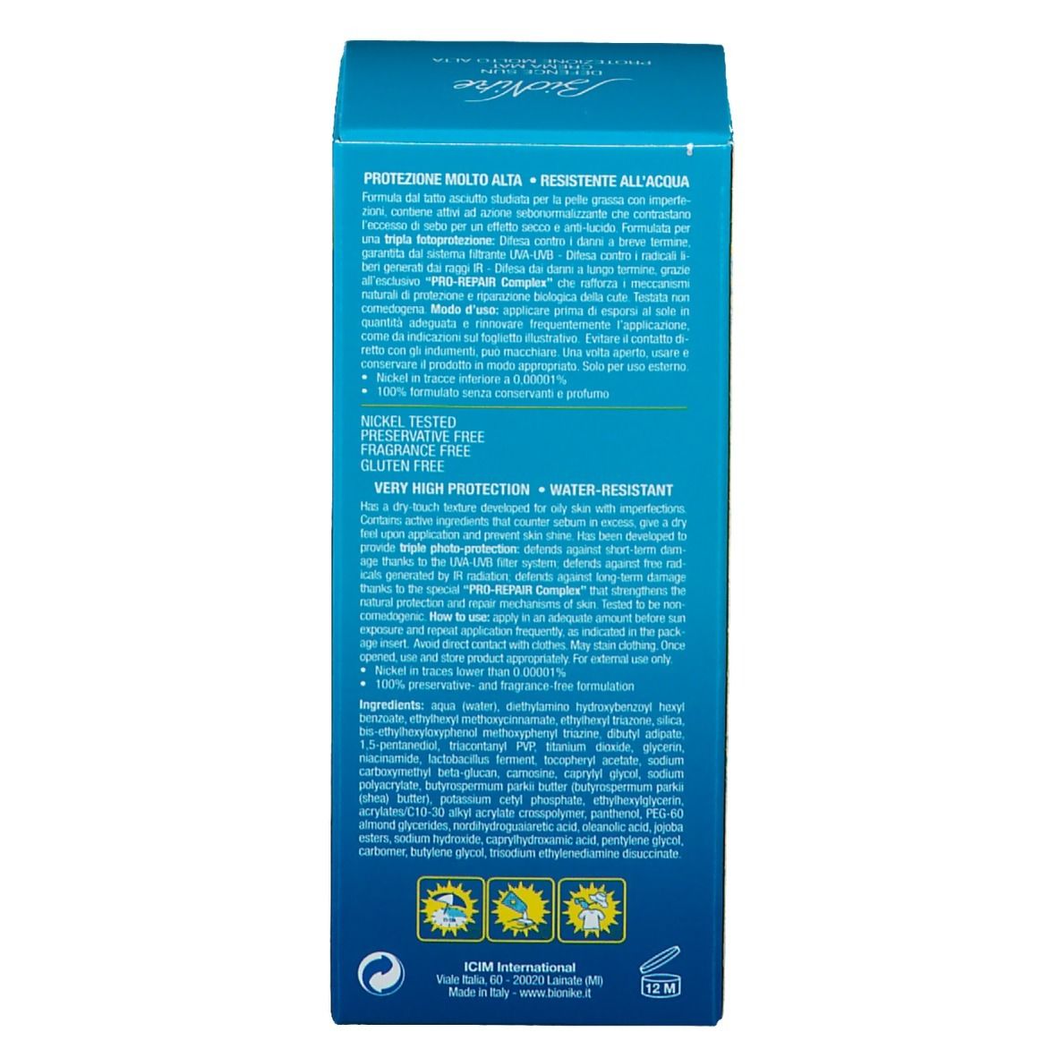 Rückseite der türkisfarbenen Schachtel. Text in mehreren Sprachen. Aufschrift: Sehr hoher Schutz, Wasserfest. Marke: BioNike.