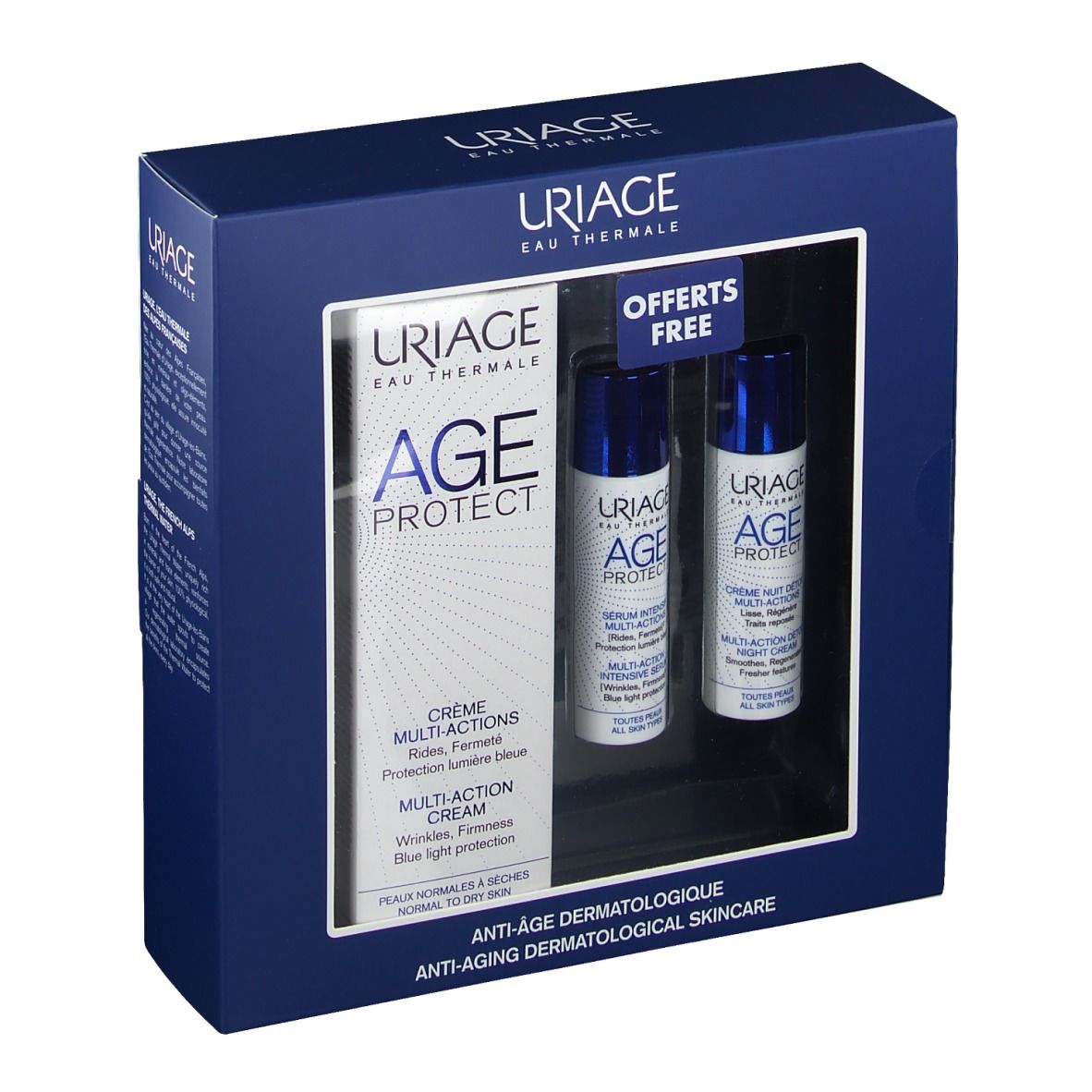 Coffret bleu foncé avec trois produits. Inscriptions "AGE PROTECT" et "URIAGE". Deux petites bouteilles et un emballage plus grand.