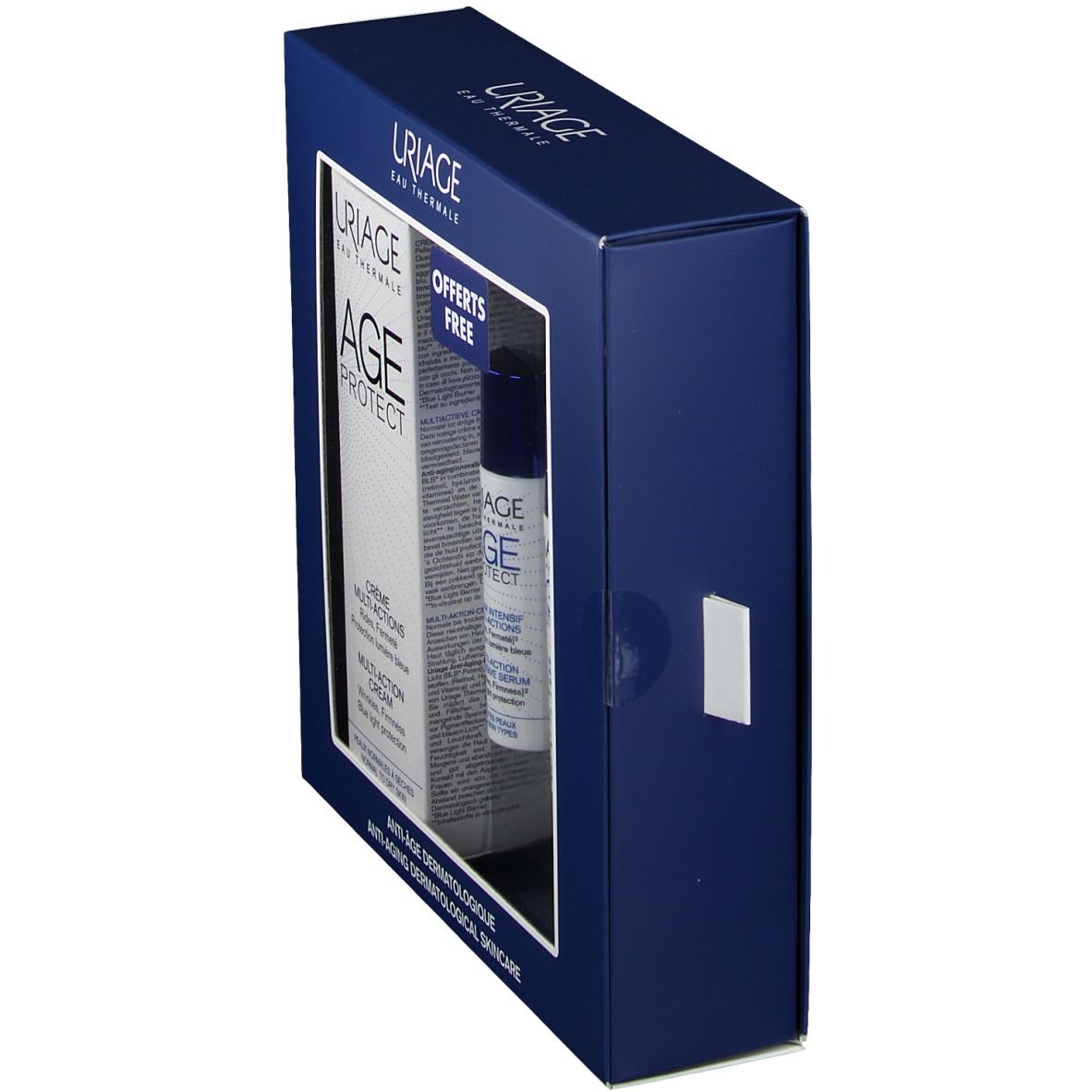 Coffret bleu foncé, vu en biais. Un produit et une partie de l'emballage avec l'inscription "AGE PROTECT" sont visibles.