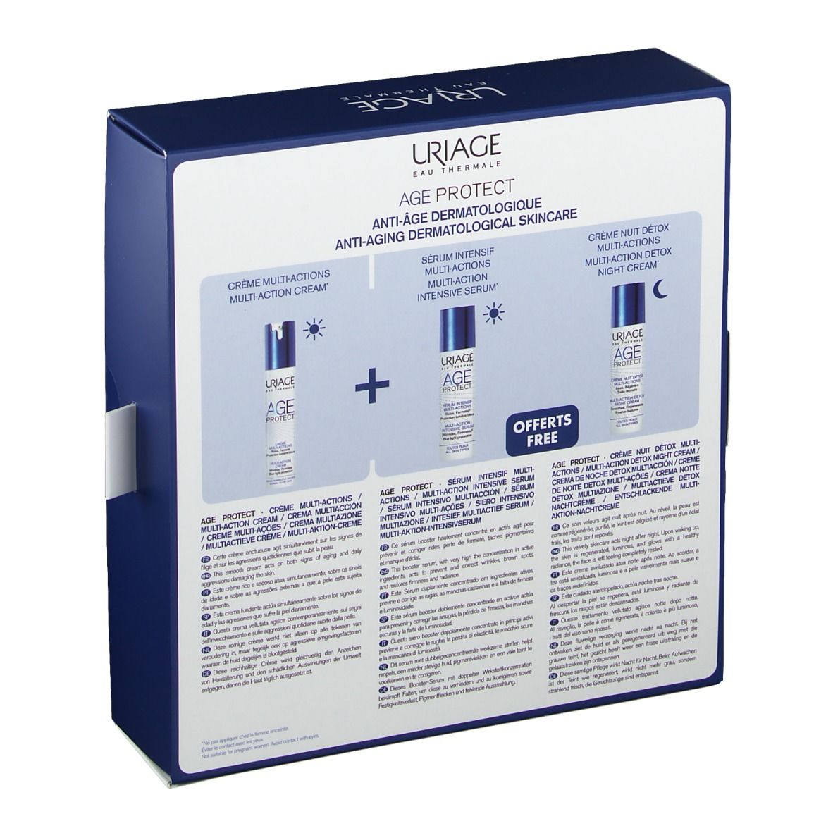 Dos du coffret bleu foncé. Inscription "AGE PROTECT" et descriptions de produits en plusieurs langues. Logo "URIAGE".