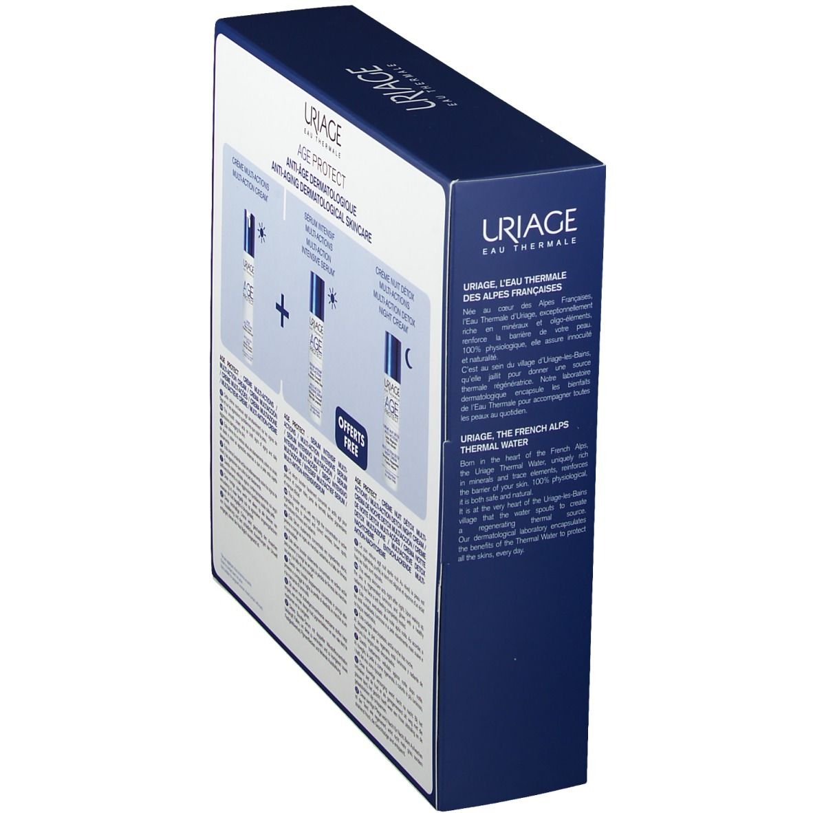 Coffret bleu foncé, vu en biais de l'arrière. Inscription "AGE PROTECT" et logo "URIAGE". Texte en plusieurs langues.