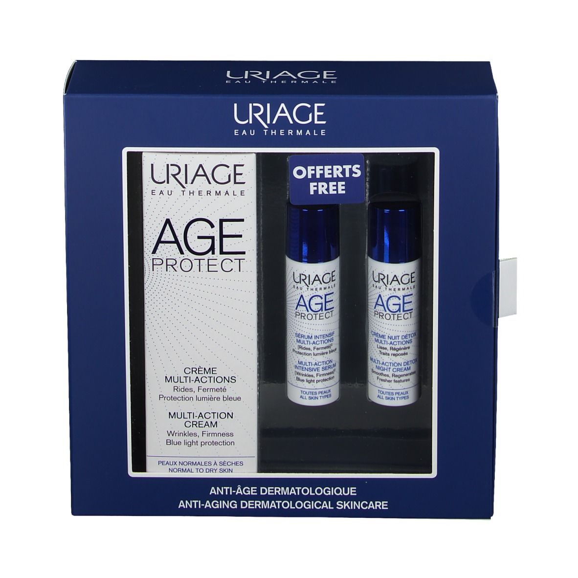 Coffret bleu foncé avec trois produits. Inscriptions "AGE PROTECT" et "URIAGE". Deux petites bouteilles et un emballage plus grand.