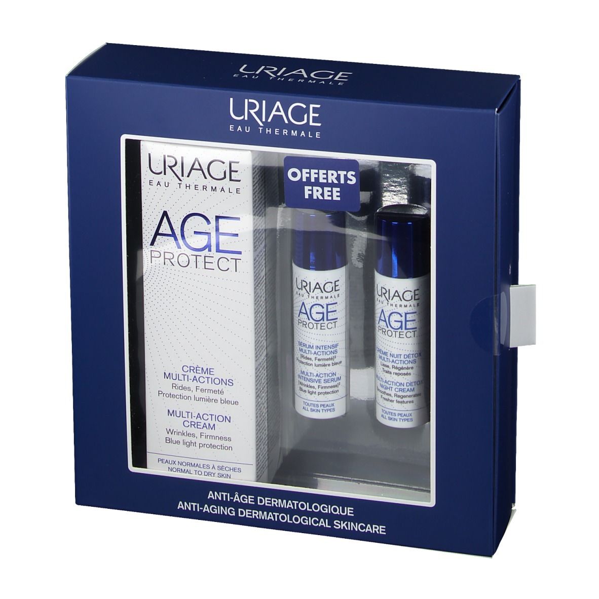 Coffret bleu foncé avec trois produits. Inscriptions "AGE PROTECT" et "URIAGE". Deux petites bouteilles et un emballage plus grand.