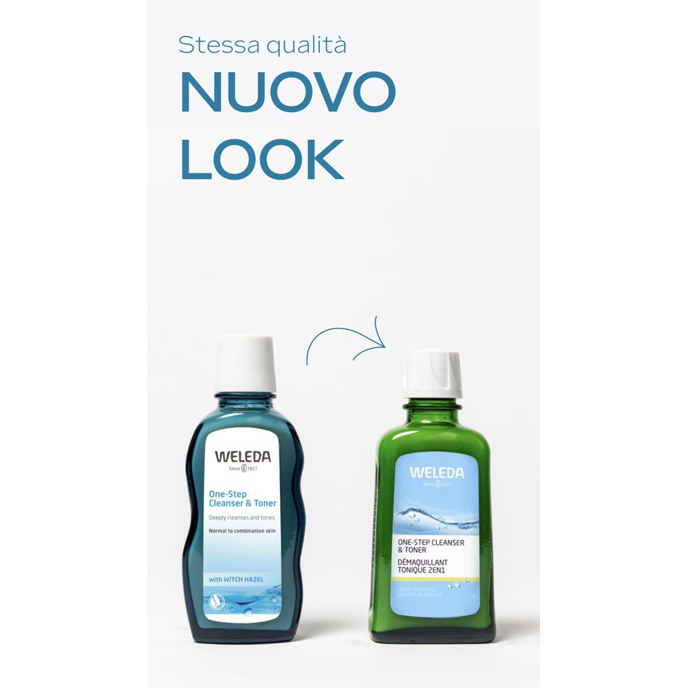 Zwei Flaschen. Text: „Stessa qualità NUOVO LOOK“. Links: alte Flasche. Rechts: neue Flasche.