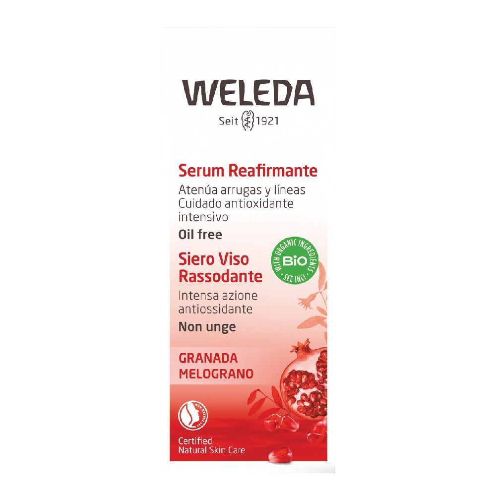 WELEDA Gesichtsserum in Kartonverpackung. Text: Serum Reafirmante, Siero Viso Rassodante, Granatapfel. Zertifiziertes Naturkosmetik.