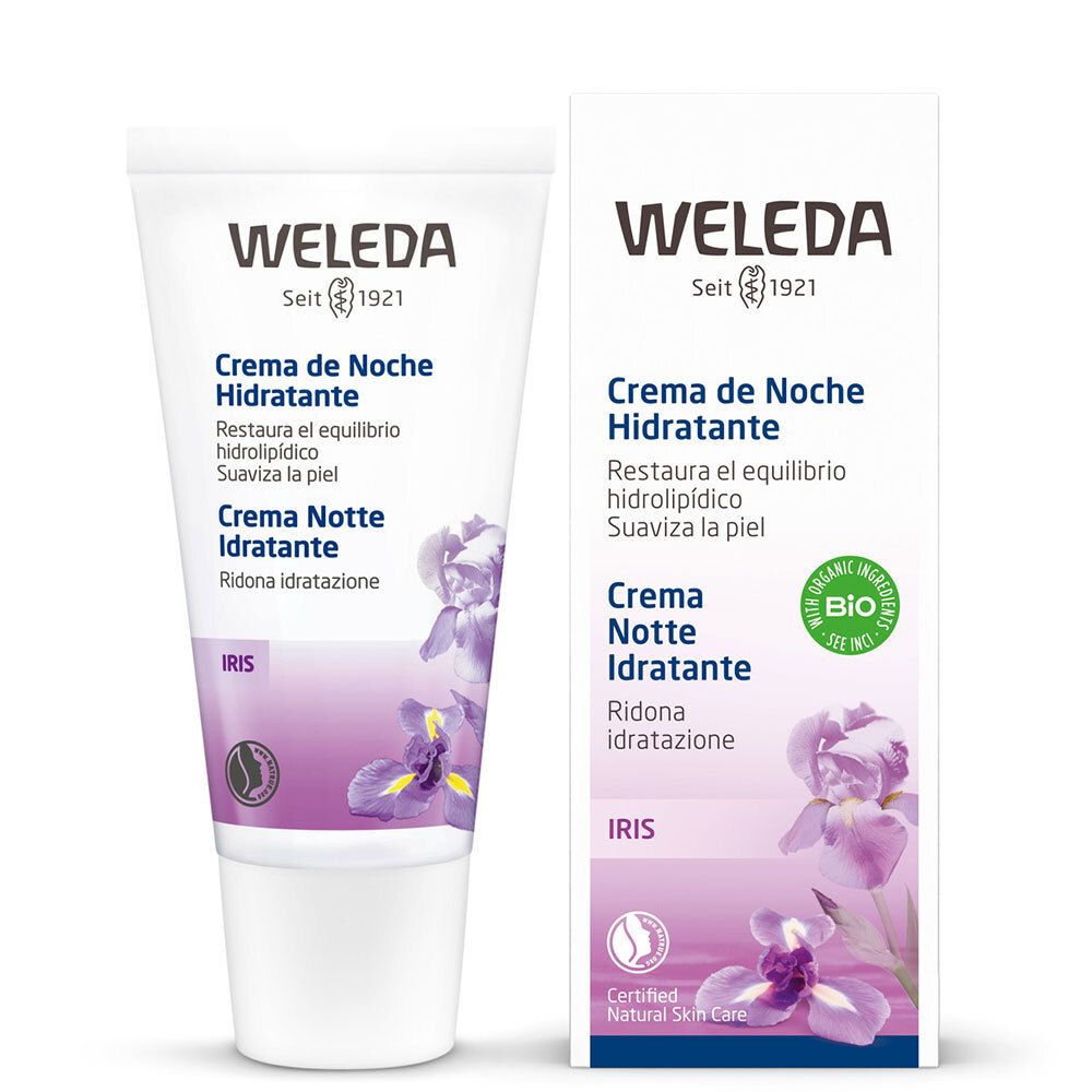 Weleda-Produkt und Verpackung. Tube und Schachtel. Produktname, Iris-Illustration und Bio-Siegel. Text in Spanisch und Italienisch.