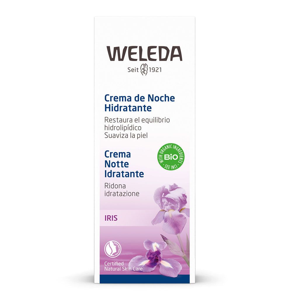 Weleda-Verpackung. Weiß, mit Produktnamen, Iris-Illustration und Bio-Siegel. Text in Spanisch und Italienisch.