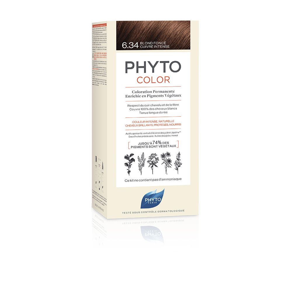 Boîte de PHYTOCOLOR 6.34 Blond foncé cuivré intense. Ingrédients: pigments végétaux. Couleur permanente. Testé dermatologiquement.