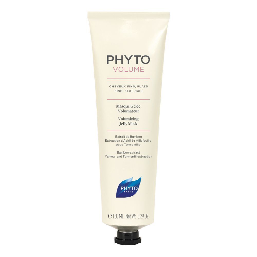 Tube blanc avec bouchon noir. Inscription PHYTO VOLUME, Masque Gelée Volumateur, Volumizing Jelly Mask. 150 ml.