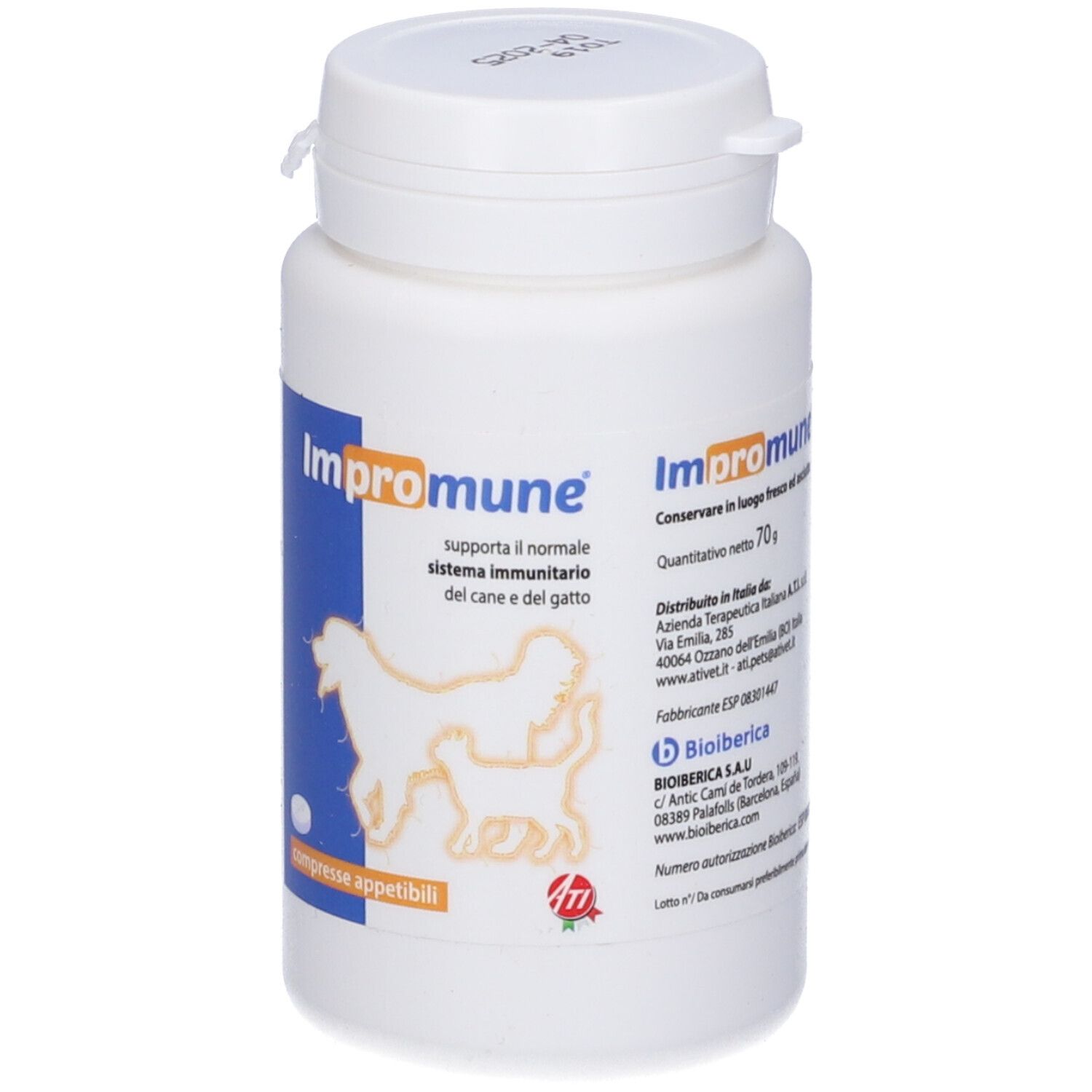 Weiße Dose mit "Impromune"-Aufschrift für Hunde und Katzen, zur Unterstützung des Immunsystems.