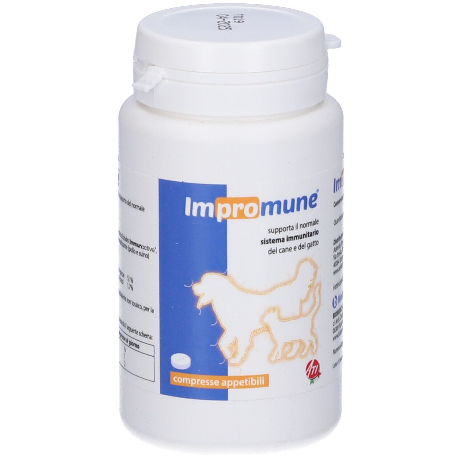Impromune Tablettenbehälter mit 40 appetitlichen Tabletten, zur Immununterstützung für Hunde und Katzen.