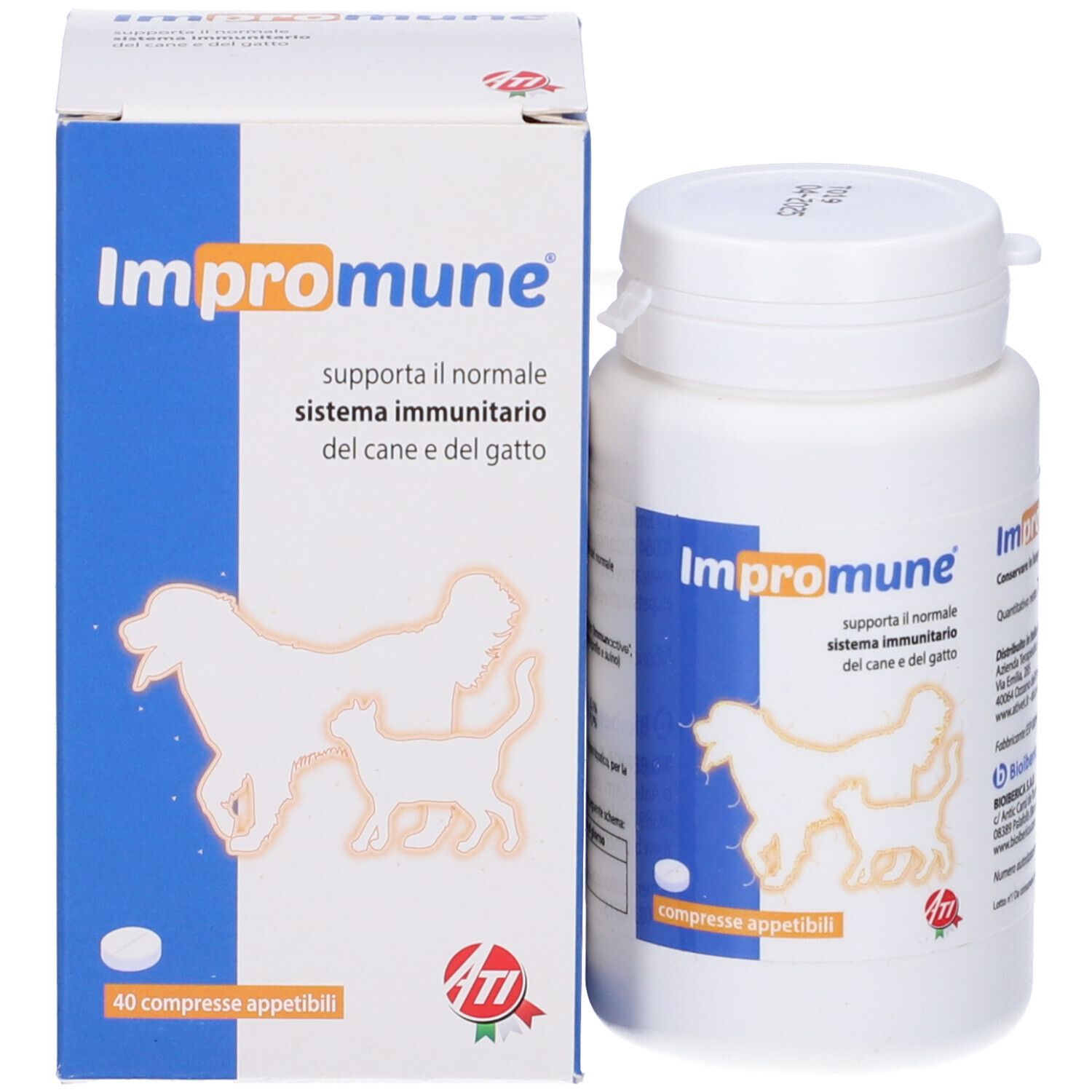 Impromune Karton und Tablettenbehälter mit 40 appetitlichen Tabletten für Hunde und Katzen.