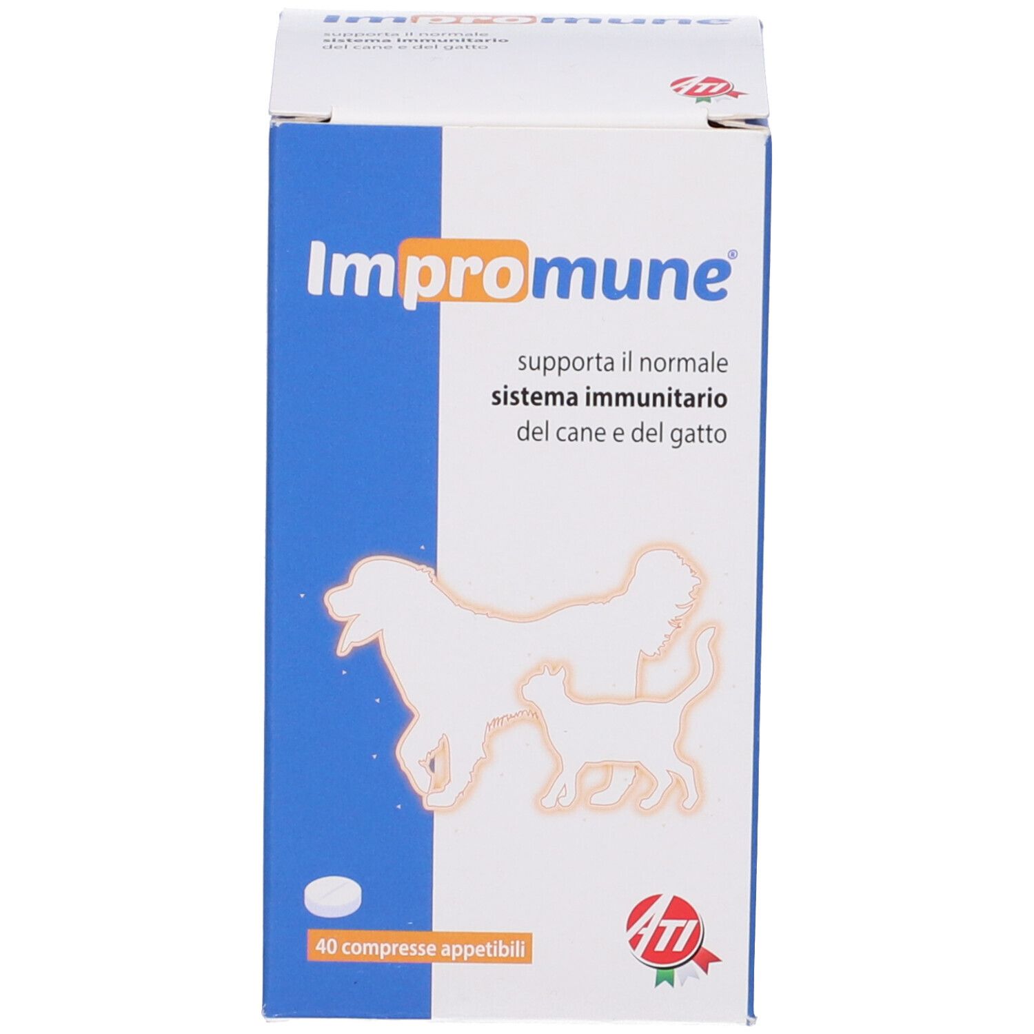 Weiße Dose mit "Impromune"-Aufschrift für Hunde und Katzen, zur Unterstützung des Immunsystems.