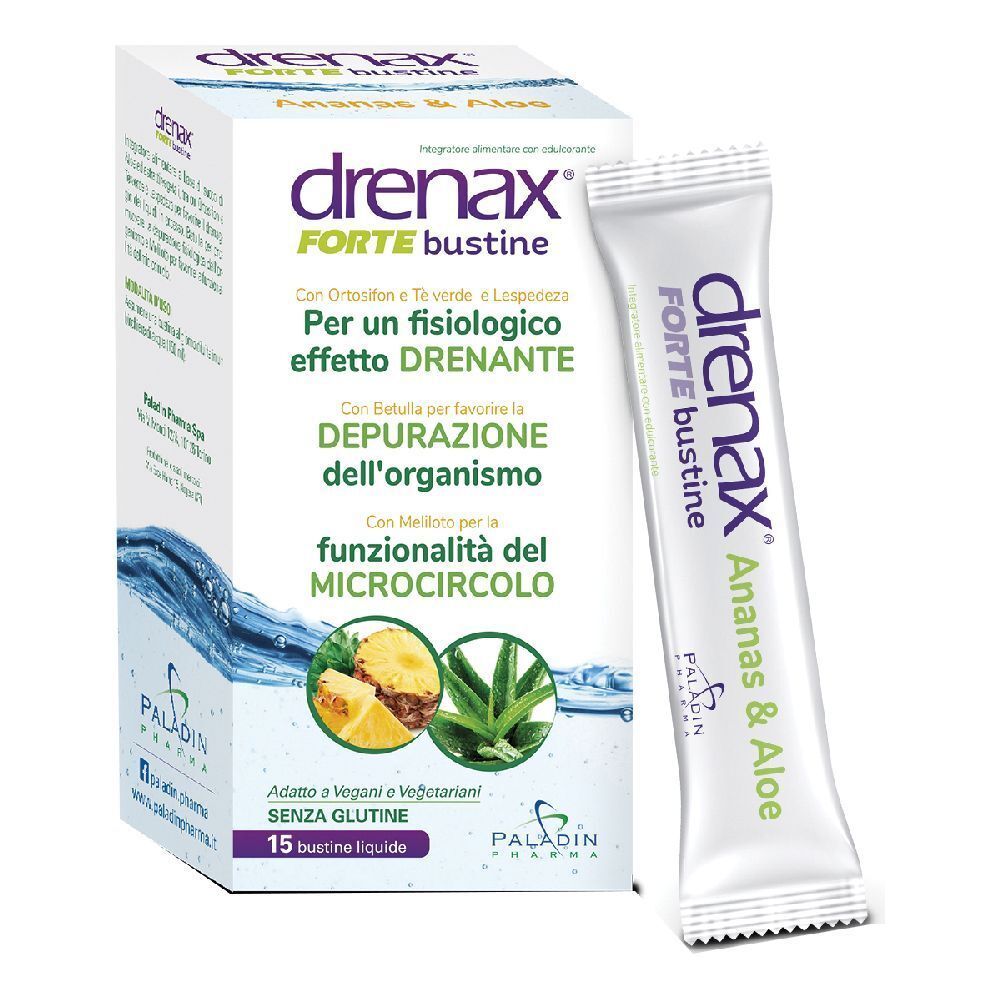 Packung und Beutel mit Produkt. Aufschrift: Drenax Forte Bustine, Ananas & Aloe. 15 Flüssigbeutel. Paladin Pharma.