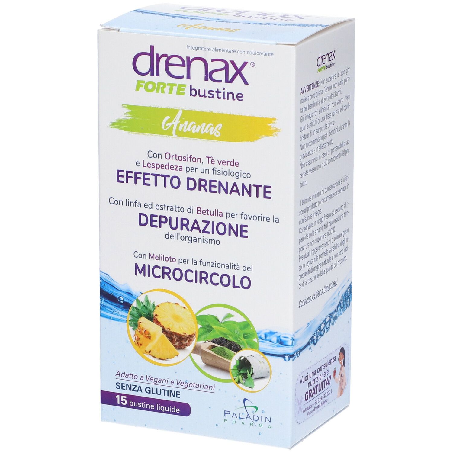 Produktverpackung Drenax Forte Bustine, Ananas. Text: Effetto drenante, Depurazione dell'organismo, Microcircolo. 15 bustine liquide.
