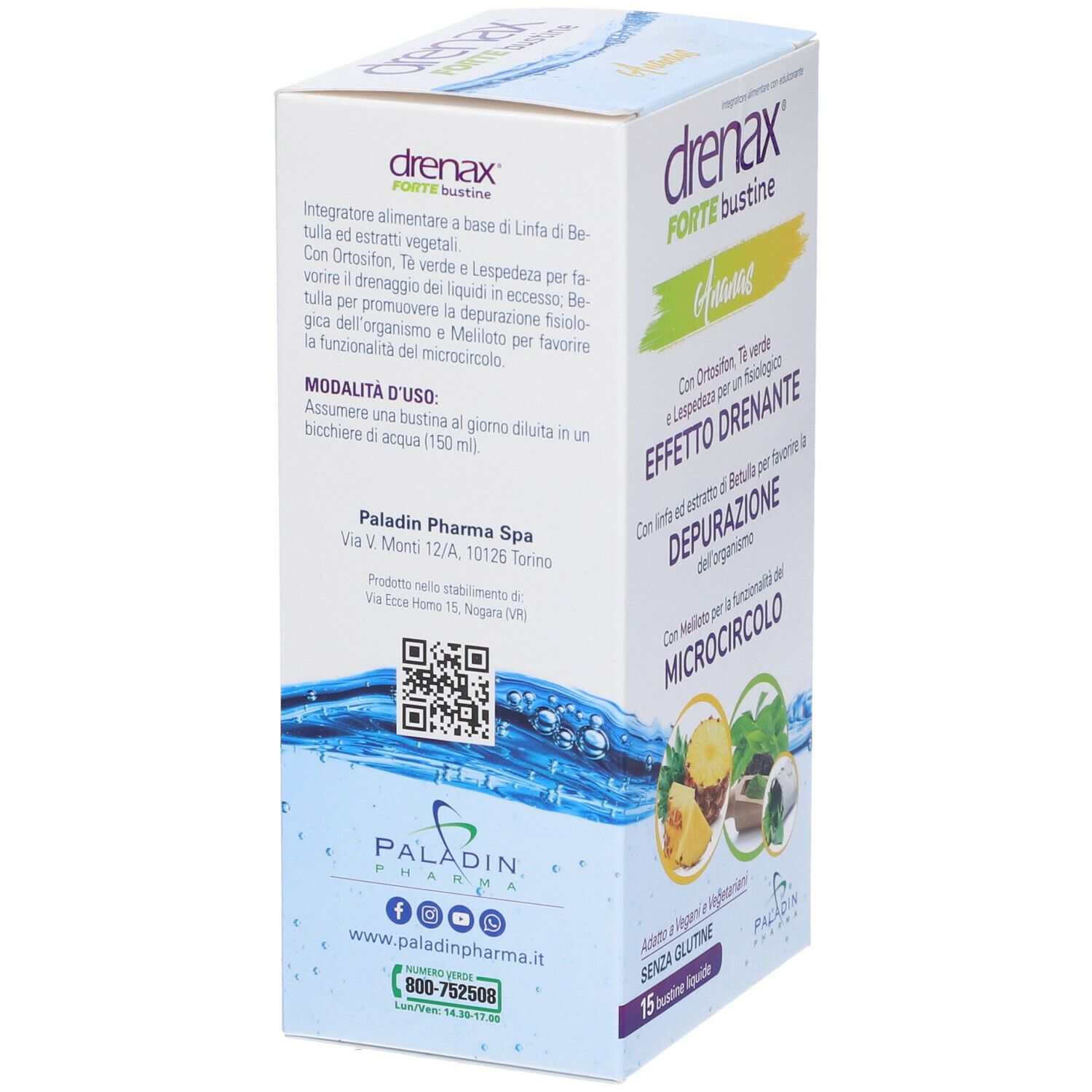 Rückseite der Produktverpackung Drenax Forte Bustine. Text: Modalità d'uso, Paladin Pharma, QR-Code, 15 bustine liquide.