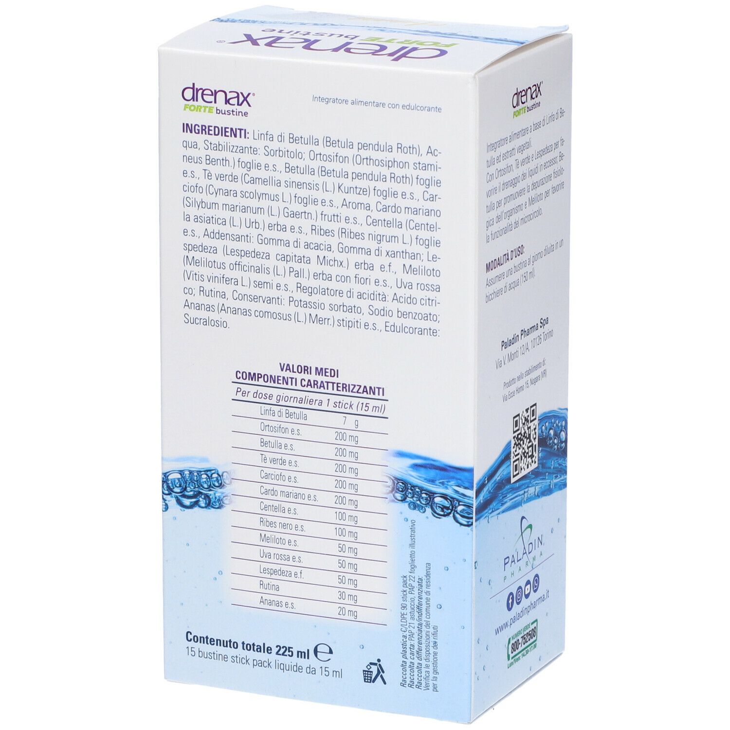 Rückseite der Produktverpackung Drenax Forte Bustine. Text: Inhaltsstoffe, Nährwertangaben, 15 bustine liquide.