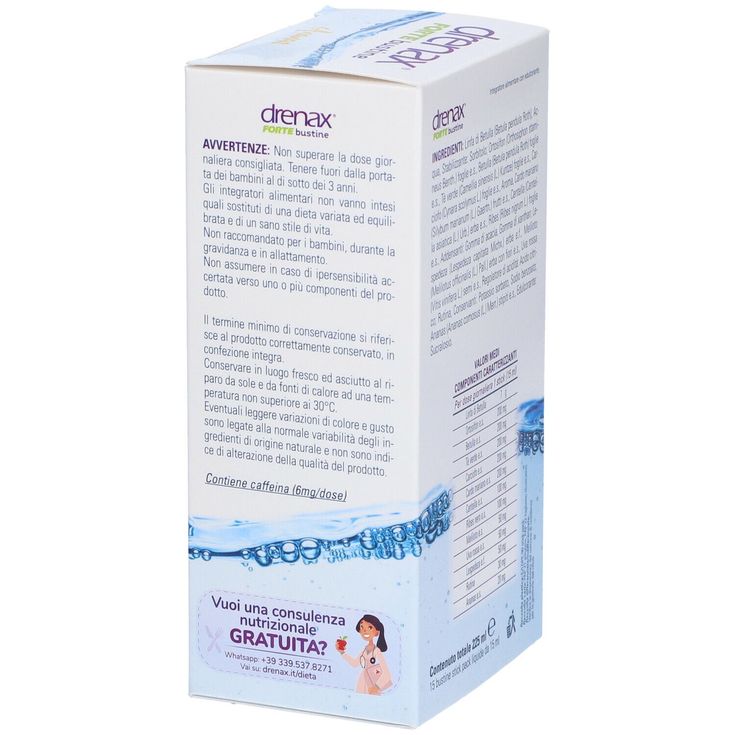 Rückseite der Produktverpackung Drenax Forte Bustine. Text: Warnhinweise, 15 bustine liquide, Paladin Pharma.