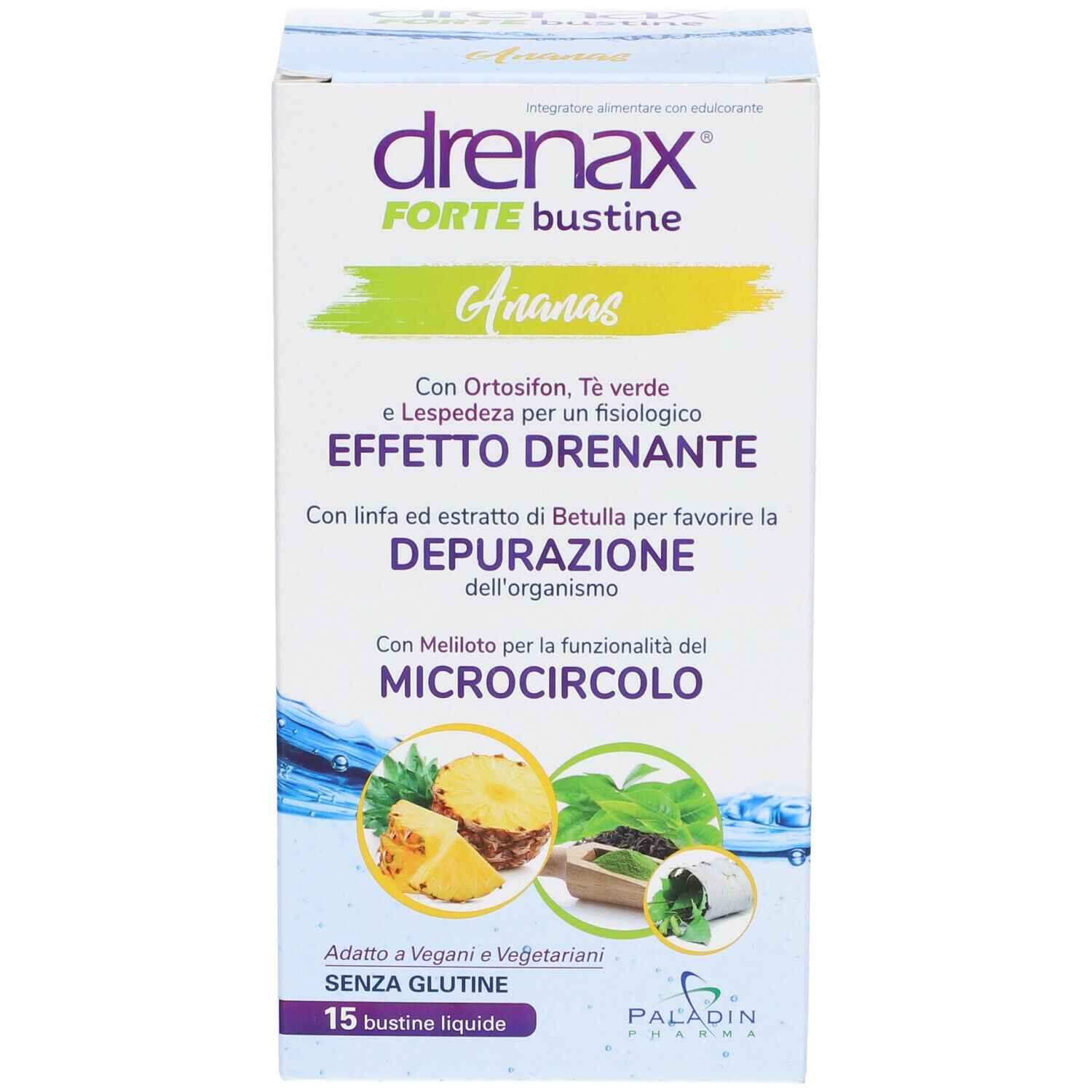 Vorderseite der Produktverpackung Drenax Forte Bustine, Ananas. Text: Effetto drenante, Depurazione dell'organismo, Microcircolo.